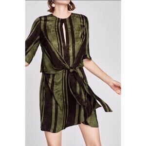 Zara Tie Knot Jacquard Satin Green Black Mini Wrap Striped Retro Dress Sz Large
